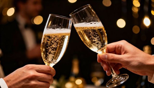 Clinking champagne flutes during elegant gala toast with sparkling bubbles and warm bokeh