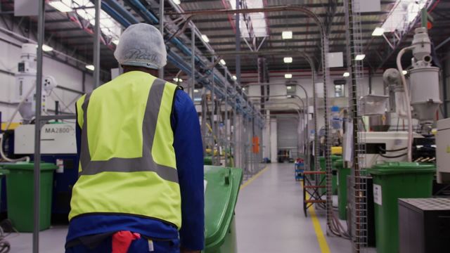 Scene captures factory worker ensuring cleanliness and safety compliance by moving bins. High visibility vest signifies industry-standard protective gear. Useful for representing themes of manufacturing processes, workplace safety, and recycling in industrial settings.