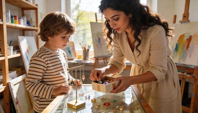 Woman showing handmade gemstone pendants to child in sunlit art studio boutique display