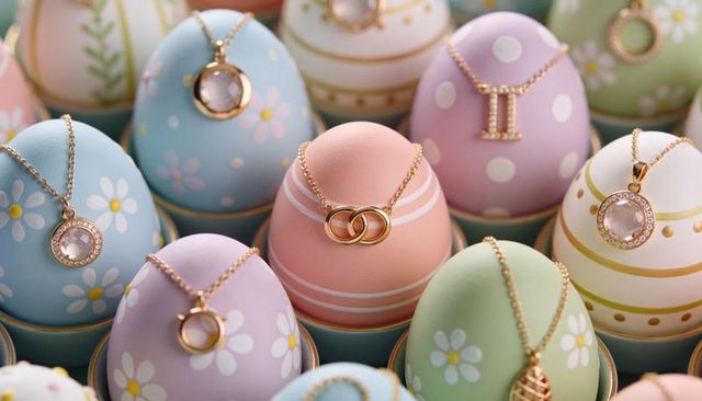 Pastel easter eggs featuring gold double-ring pendant necklace on decorative egg cups