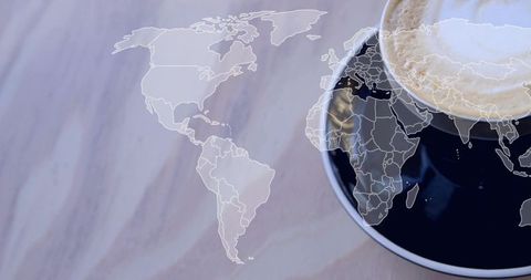 Sipping Global: Latte on Saucer with World Map Overlay for Remote Work, Travel, Business