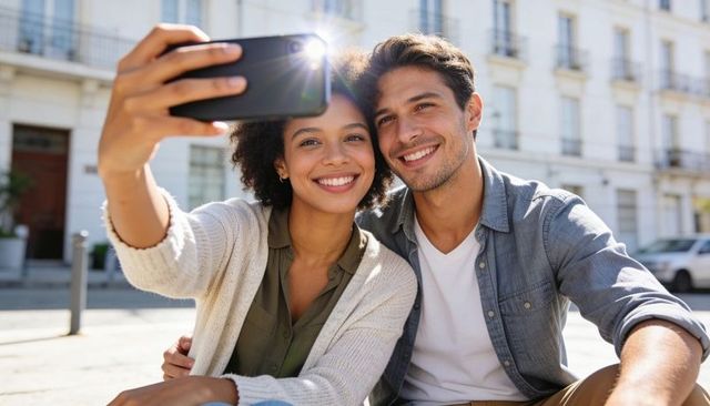 Young couple taking selfie on sunny city street, smiling and leaning close, casual romance