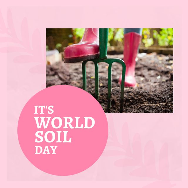 Image highlighting World Soil Day with person raking soil in garden, perfect for promoting soil conservation and gardening activities. Use for environmental campaigns, blogs, and educational materials about sustainable practices and soil health.