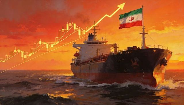 Iranian-flagged tanker sailing into golden sunset with rising candlestick market chart
