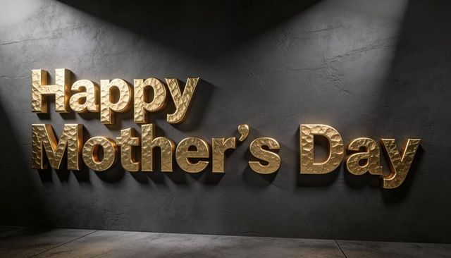 Gold gilded 3d happy mother's day lettering gleaming on dark concrete wall with spotlights