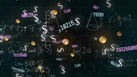 Mathematical Formulas and Bitcoin Symbols on Dark Background