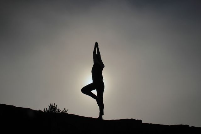 Silhouette of Woman Practicing Yoga in Tree Pose at Dusk - Download Free Stock Photos Pikwizard.com