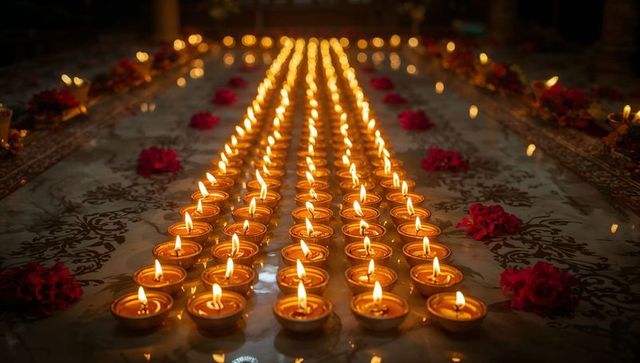 Glowing diya lamp rows on ornate runner with rose petals for festival celebration