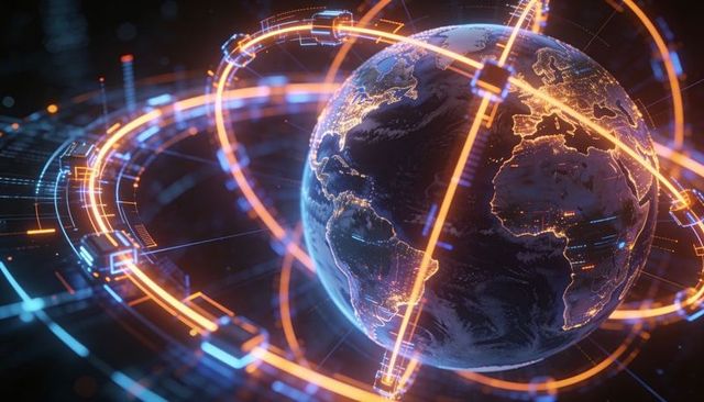 Rotating digital globe with neon orbital rings representing global network connectivity