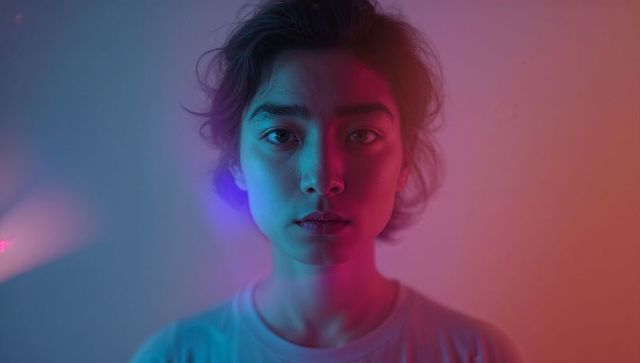 Modern Portrait of Woman in Teal and Pink LED Lighting