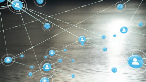 Animated Digital Network Connections Over Water Surface