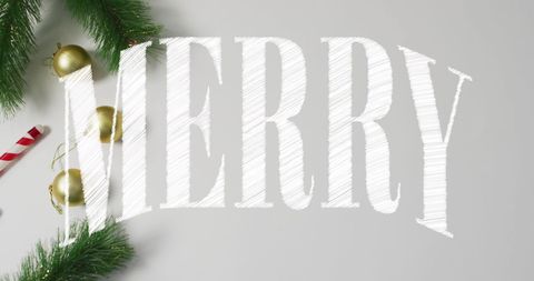 Festive Merry Text with Christmas Decorations on Grey Background