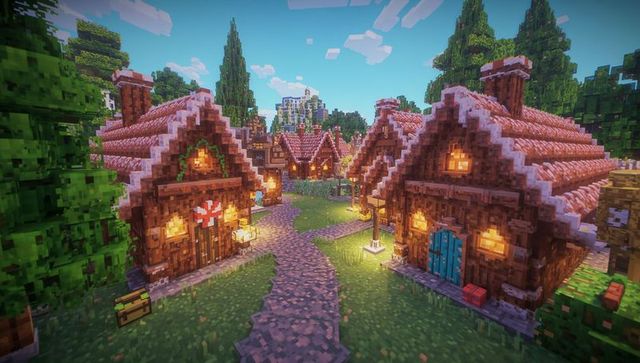 Glowing voxel village with timber cottages and lantern-lit cobblestone path
