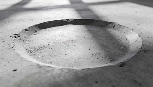 Shallow circular recess in concrete floor catching rectangular window shadow bands