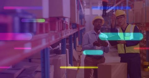 Workers Inspecting Warehouse with Digital Overlays on Tablet