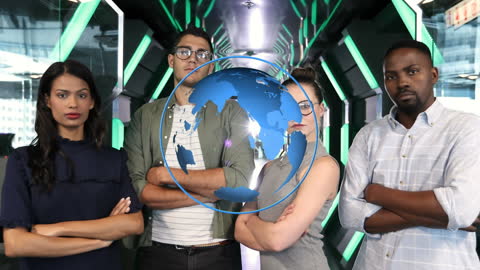 Diverse Business Team with Digital Globe Overlay