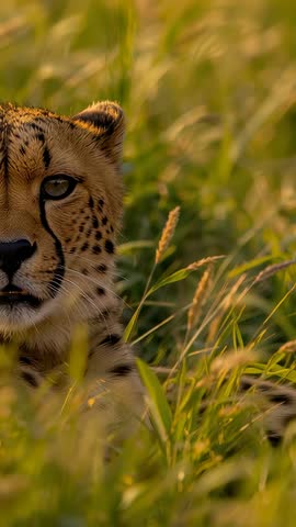 Cheetah lifting head through sunlit grass in vertical video, closeup golden savanna