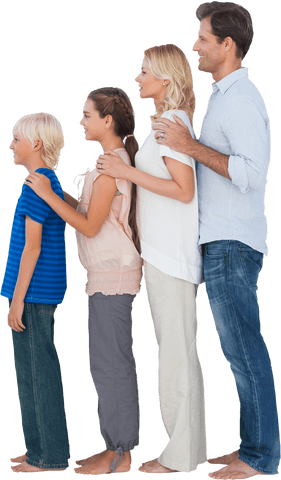Transparent family standing in single file line displaying togetherness