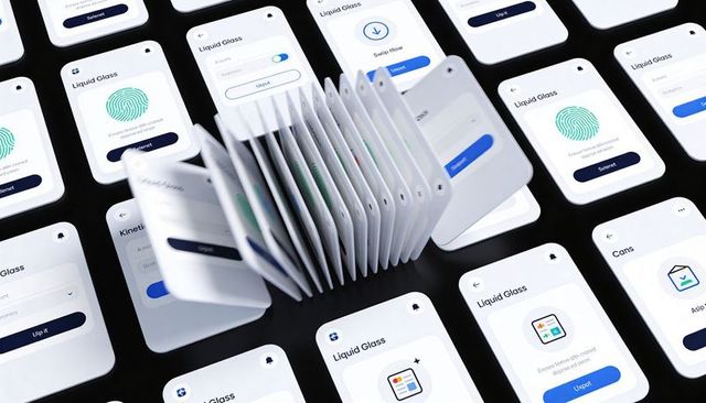 Flipping fanned stack of mobile app cards showing fingerprint biometric ui mockup concept