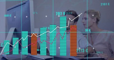 Professionals analyzing interactive financial dashboard with 3D bar charts and trend lines