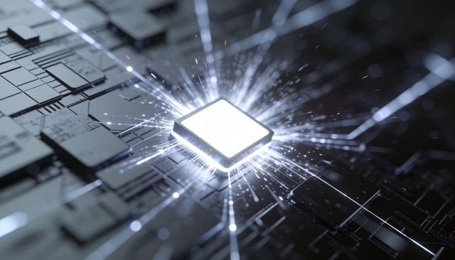 Glowing microchip radiating sparks across futuristic circuit board
