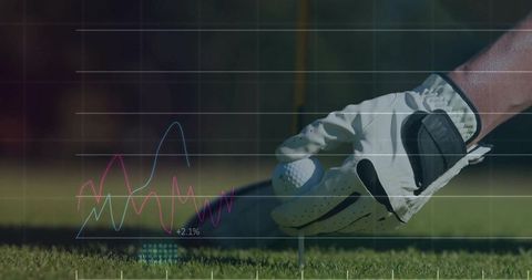 Golf glove placing ball on tee with digital hud overlay for performance analytics