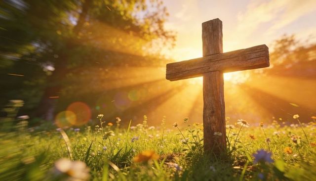 Weathered wooden cross backlit standing in wildflower meadow at golden hour sun rays