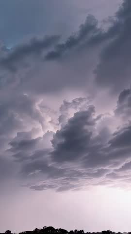 Glowing cumulonimbus cloud flashing lightning over treeline in vertical storm clip