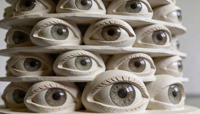 Stacking ceramic eyeballs featuring glazed irises and carved eyelids in minimalist studio