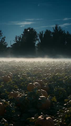 Moonlit Pumpkin Patch Tilting Up Through Low Fog, Vertical Autumn Harvest Nightscape