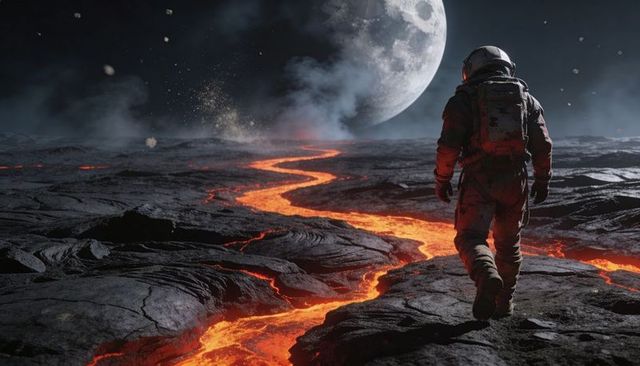 Astronaut walking across cracked lava plain under giant moon, sci-fi volcanic exploration