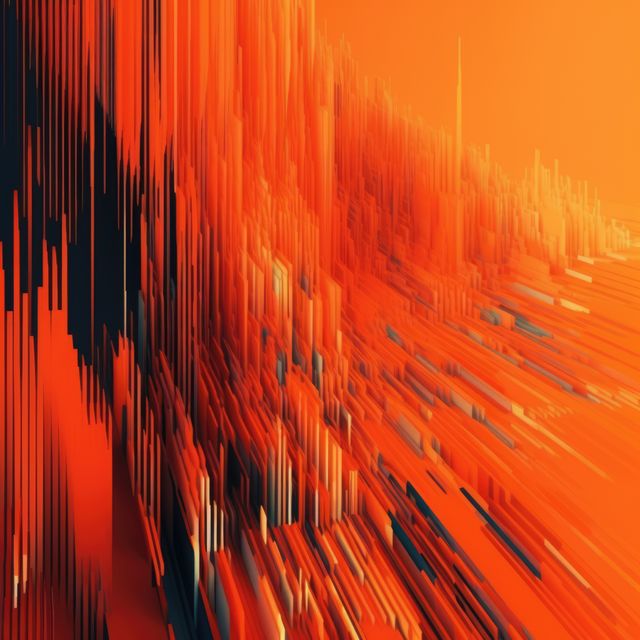 Glowing orange interference lines and landscape on black, created using generative ai technology. Visual distortion and data technology abstract background concept digitally generated image.