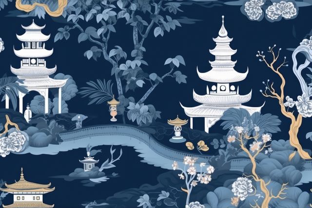 Stunning traditional Asian landscape featuring elegant pagodas, lush flora, and intricate architectural designs. Ideal for illustrating Asian culture, travel posters, background in art projects, or adding a touch of tranquility to interior designs.