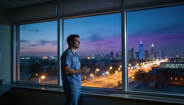 Male nurse gazing at city skyline through hospital window at dusk, wearing blue scrubs