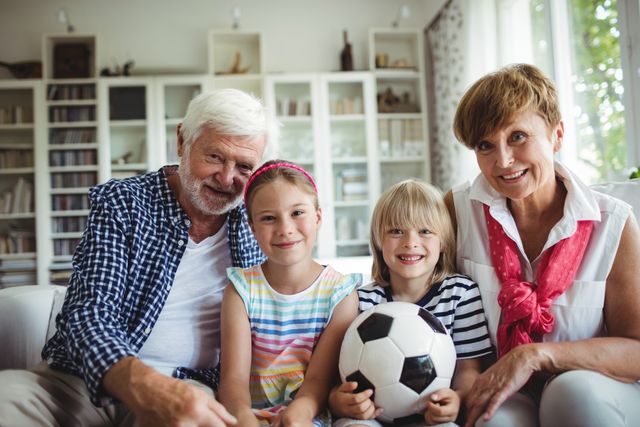 Portrait of grandparents sitting with their grandchildren at home