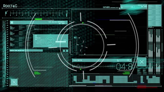 Futuristic digital interface featuring variety of graphical elements such as scans, data processing screens, and technical readouts. Perfect for illustrating concepts of modern technology, cyber systems, or as background or conceptual art for tech-based media.