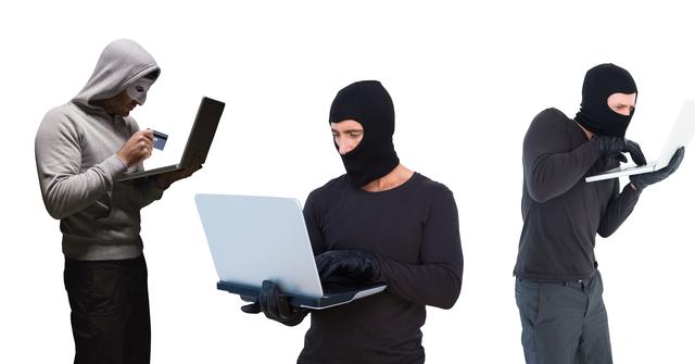 Digital composite of hackers group with the computer