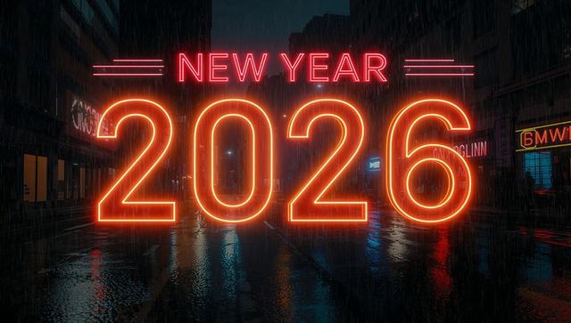 Glowing neon New Year 2026 over rain-soaked downtown street at night with reflections