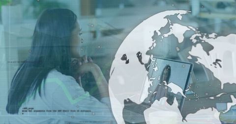 Businesswoman engaging in virtual meeting with global data overlay