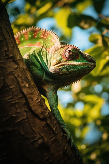 Chameleon Climbing Tree with Vibrant Green and Red Patterns - Download Free Stock Images Pikwizard.com