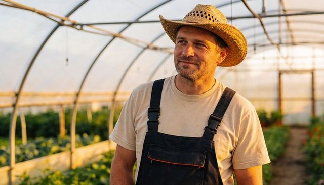 Smiling farmer standing in sunlit greenhouse wearing straw hat and overalls