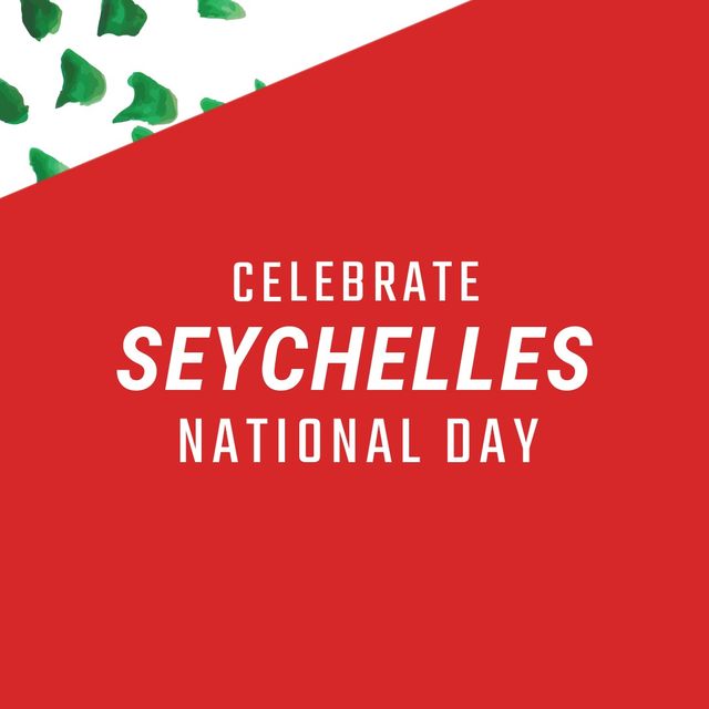 Visual for promoting Seychelles National Day. Use in social media posts, event announcements, and national celebration flyers. Incorporates festive banner design with bright colors and green scribbles adding a creative touch.
