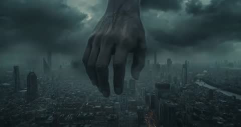 Colossal Hand Descending Over Futuristic Urban Skyline