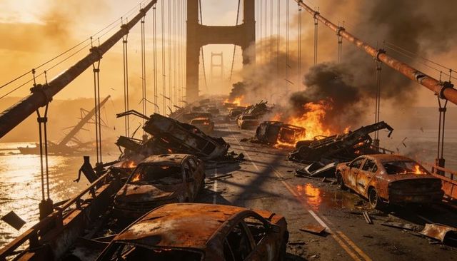 Smoldering suspension bridge devastation burning cars collapsing deck sending thick smoke