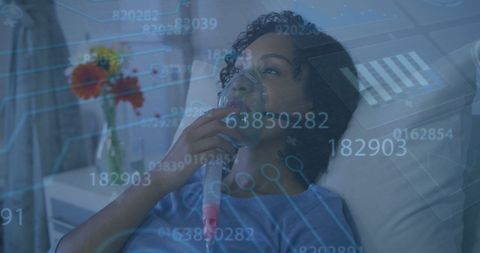 Woman with Oxygen Mask Amid Digital Data Overlay
