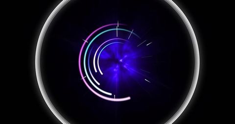 Glowing neon interface ring rotating around purple energy core in futuristic hud portal