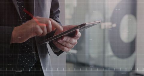 Executive Holding Tablet Tapping Stylus with HUD Data Overlay for Business Analytics