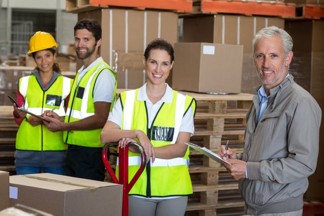 Warehouse team preparing shipment with manager and workers wearing safety vests. Ideal for illustrating logistics, teamwork, and industrial operations. Useful for articles, advertisements, and presentations related to supply chain management, warehouse operations, and business efficiency.