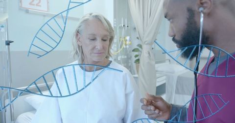 Diverse Doctor Examining Senior Patient with Digital DNA Overlay