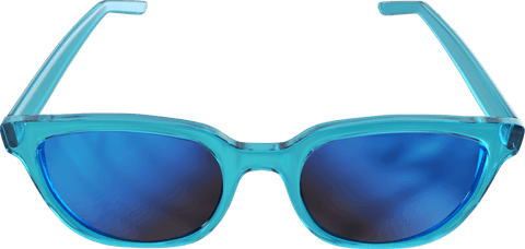 Transparent front view of stylish blue sunglasses with blue lenses